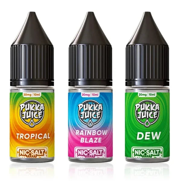 Three bottles of Pukka Juice Nic-Salt e-liquid with colorful labels on a white background.