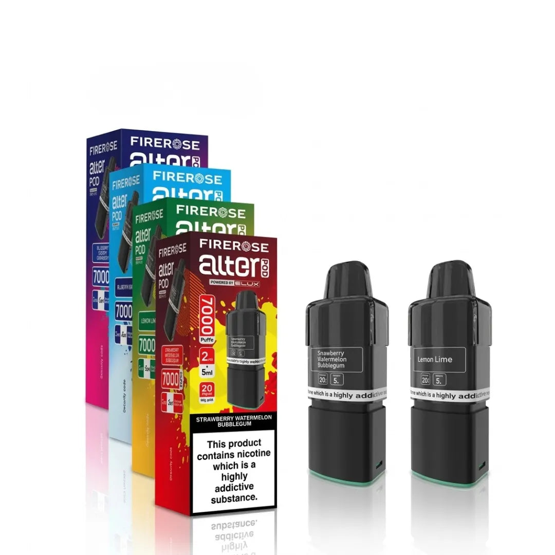 Elux Firerose Alter 7000 refill pods box of 5 with 2ml pods and 5ml refill containers