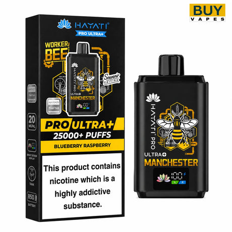 Hayati Pro Ultra+ vape device and packaging on a white background