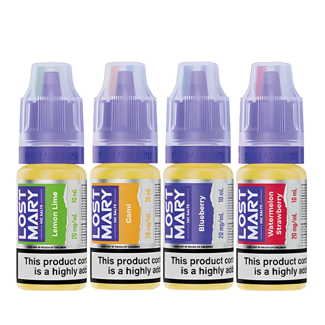 Four bottles of Lost Mary nicotine salt e-liquid on a white background