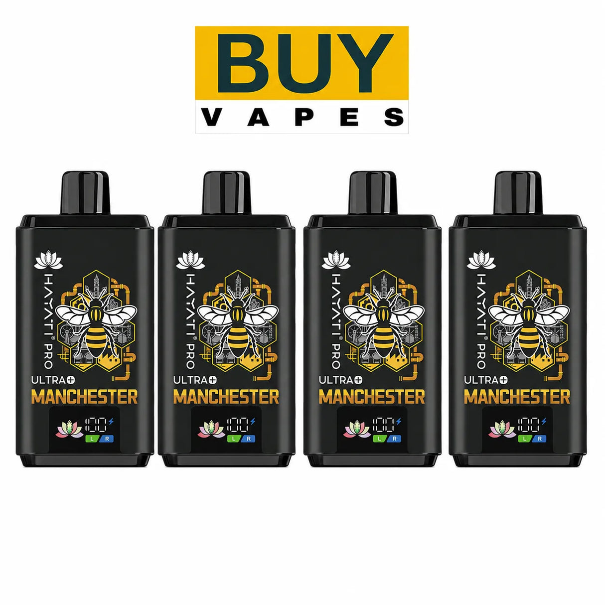 Four black vape devices with Manchester branding on a white background, featuring 'BUY Vapes' text at the top.