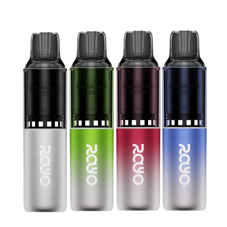 Five RAVO vape devices in different colors on a white background