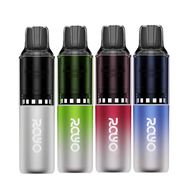 Five RAVO vape devices in different colors on a white background