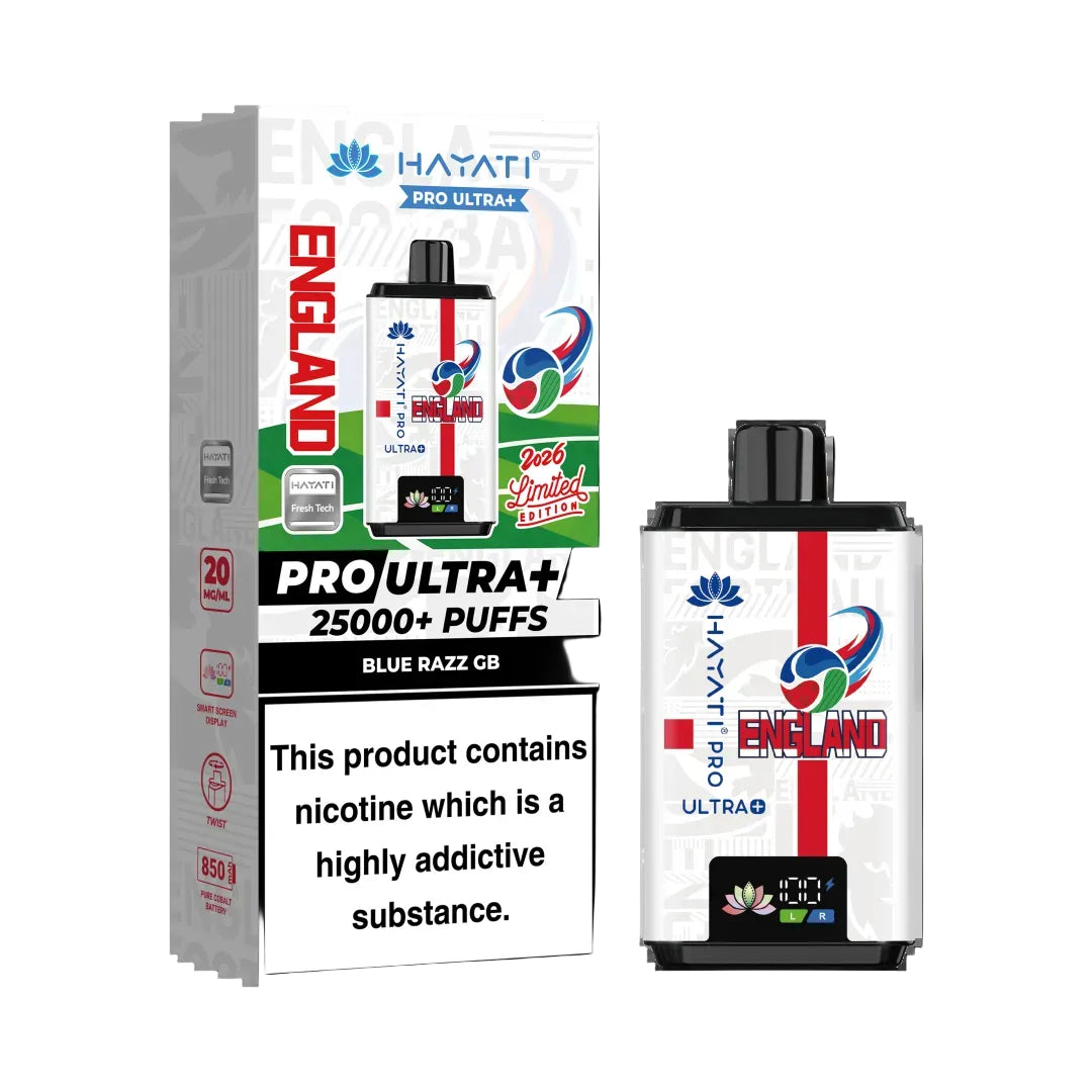 Hayati Pro Ultra+ vape device and packaging with branding and product details.