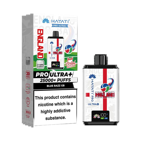 Hayati Pro Ultra+ vape device and packaging with branding and product details.