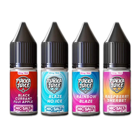 Four bottles of Pukka Juice e-liquid with colorful labels on a white background
