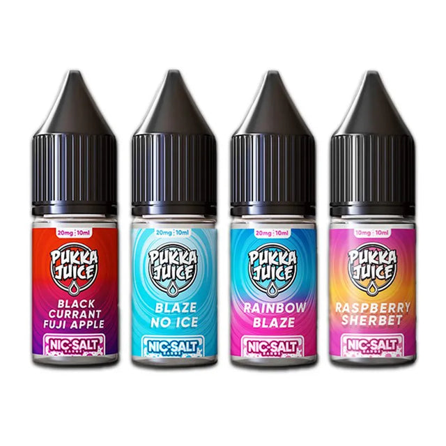 Four bottles of Pukka Juice e-liquid with colorful labels on a white background